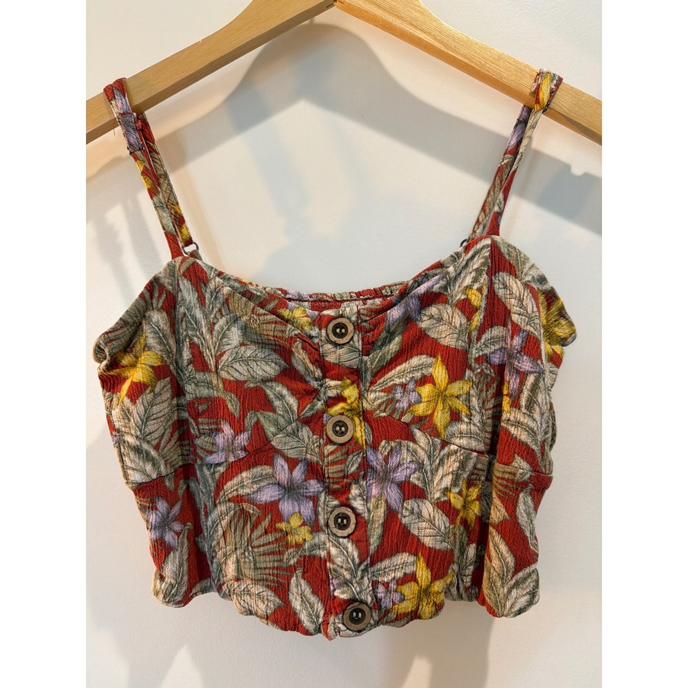 Aeropostale Womens Floral Smocked Crop Top Red Tropical Button Front Cami M